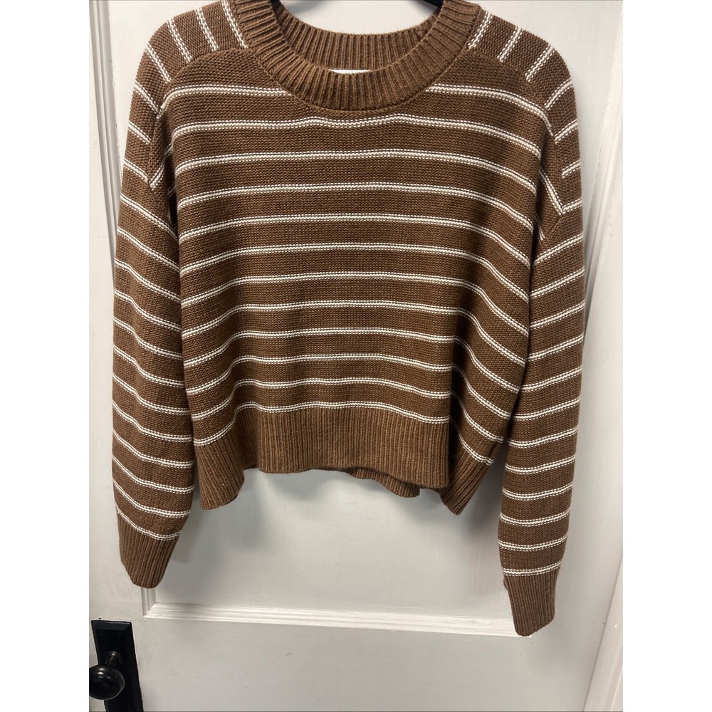 For The Republic Sweater Womens Large Brown White Striped Crew Neck Cropped